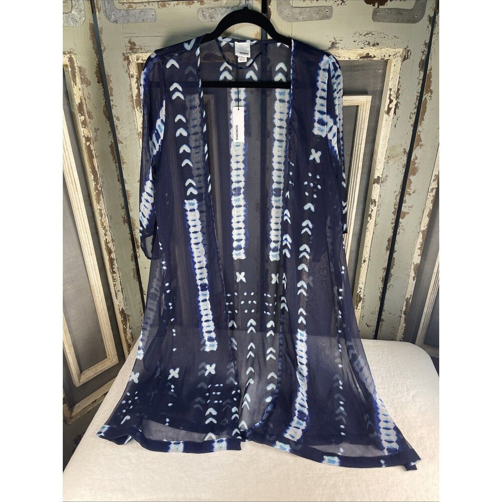 Sonoma Top Women Blue Striped Open Front 3/4 Sleeve Breathable Casual